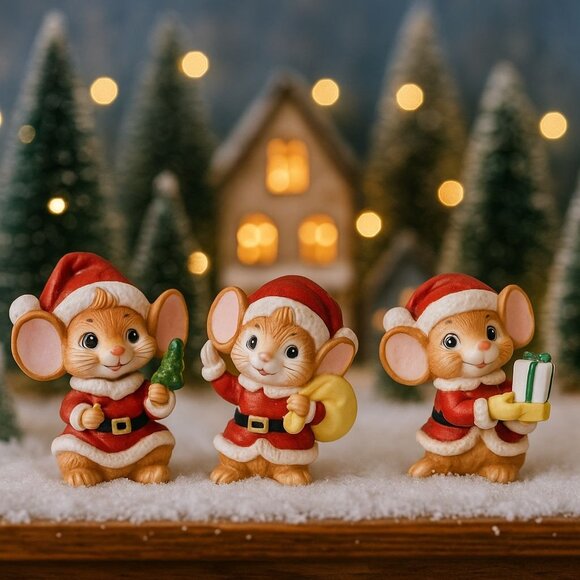 Homco Christmas Mouse Figurines Set Of 3 Anthropomorphic VTG Retro Holiday Decor - Picture 1 of 15